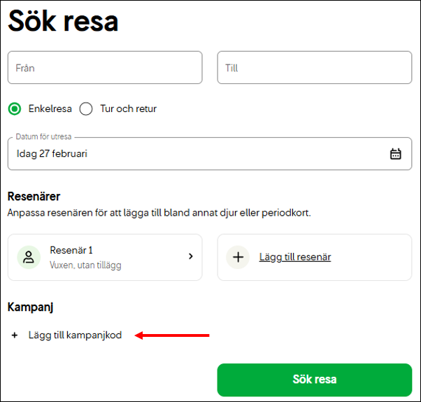 Bilden visar Sök resa på sj.se som innehåller fält för att ange avgångs- och ankomststation, tillsammans med alternativ för att välja enkelresa eller tur och retur-resa samt antal resenärer. Under Kampanj finns knappen "Lägg till Kampanjkod" som markerats med en röd pil för förtydligande. En grön knapp märkt "Sök resa" finns för att utföra sökningen.